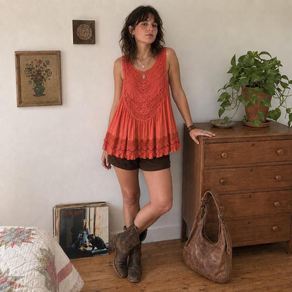 Ultra Pink Small Coral Crochet Lace Boho Swing Tank Top